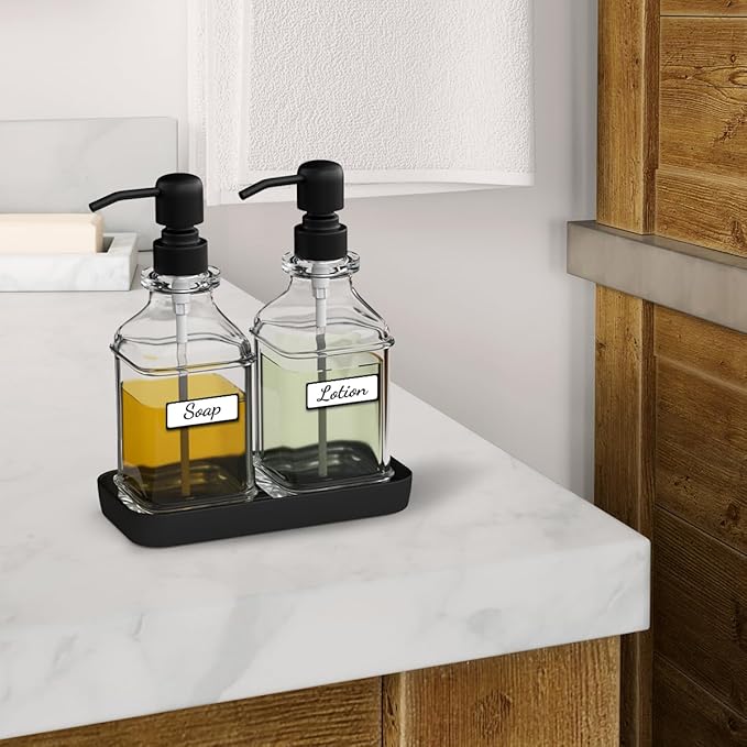 LMQML Soap Dispenser - 2 Pack, Antique Design Thick Glass Hand Soap Dispensers with Sturdy Tray; 304 Rust Proof Stainless Steel Black Pump, 12Pcs Stickers, for Kitchen, Bathroom