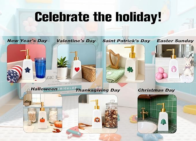 Seasonal Soap Dispenser with 11 Interchangeable Magnets - Seasonal Decor - Farmhouse Bathroom Kitchen Decor (Resin,Built in Magnet) - 8.82oz (Gold)