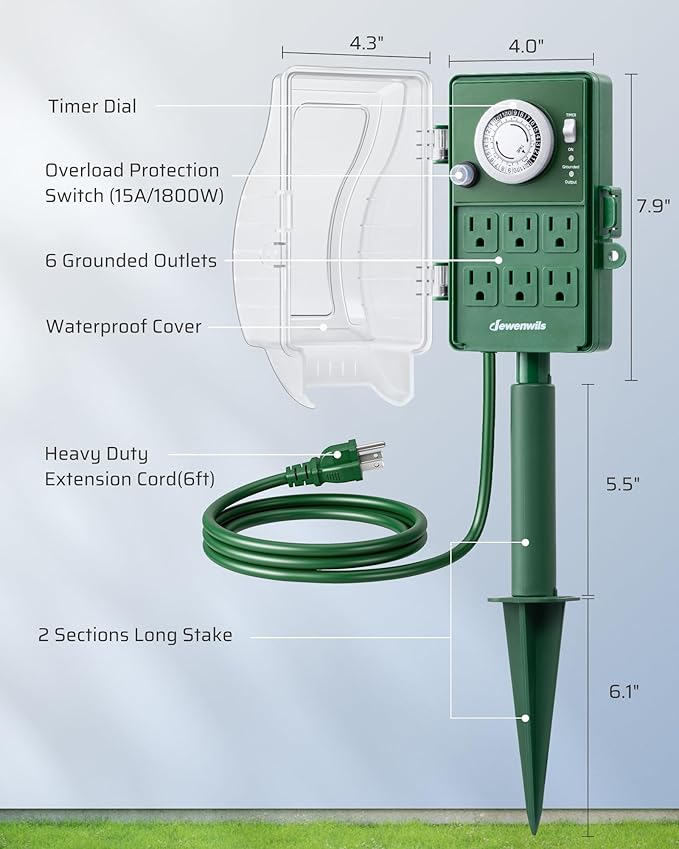 DEWENWILS Heavy Duty Outdoor Power Stake Timer, 24-Hour Mechanical Timer with 6FT Cord, 1800W/15A, Waterproof for Yard, Garden, Patio Lights, Outdoor Decorations, ETL Listed
