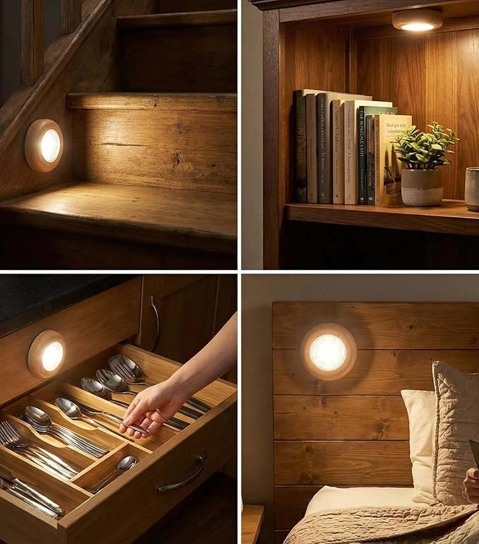 Small Push Light, 6 Pack Under Cabinet Lights Battery Powered, Wood Look LED Touch Light, Wireless Puck Lights Stick On for Kitchen, Wardrobe, Closet