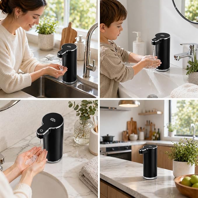 Automatic Liquid Soap Dispenser Touchless, Stainless Steel Hand Soap Dispenser, USB Rechargeable, 4 Adjustable Levels, 11.8oz/350ml for Kitchen and Bathroom (Black, Liquid)