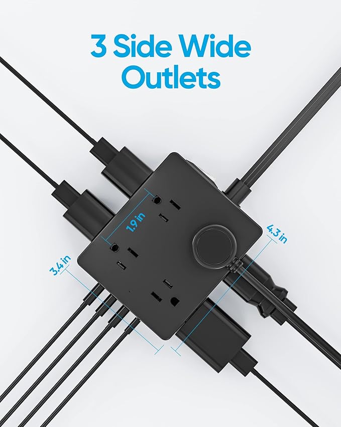 Olcorife Flat Plug Power Strip with 15 FT Extension Cord, 8 Outlets 4 USB Ports(1 USB C), 3 Sided Outlet Extender for Home Office Travel Dorm Room Essentials, Black