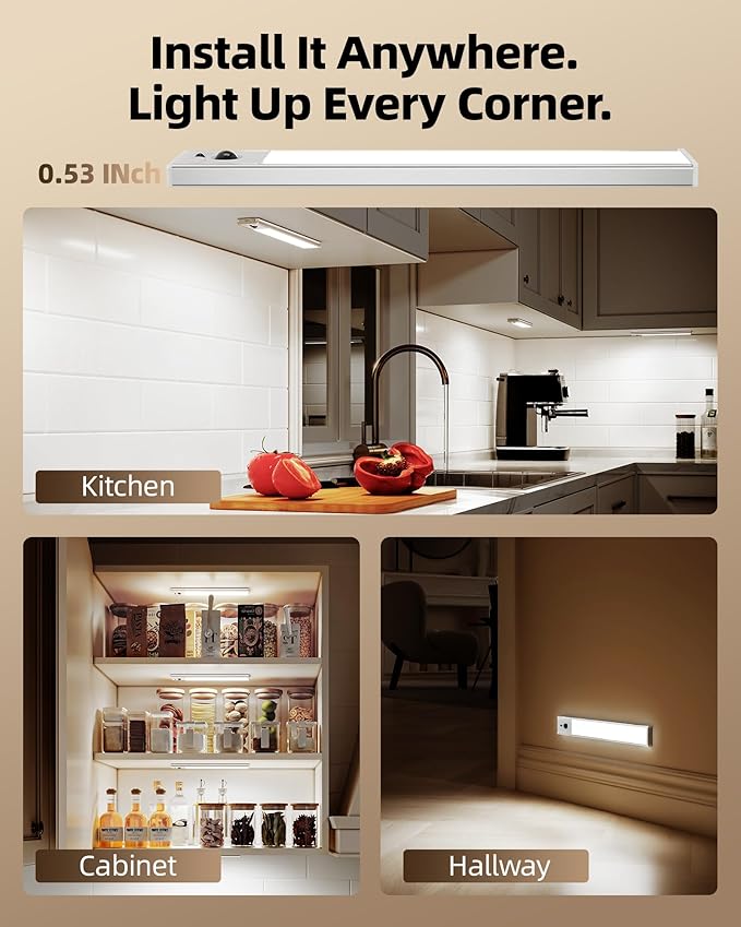EZVALO 3-Pack Under Cabinet Lighting, 2400mAh Rechargeable Motion Sensor Light, 10inch Magnetic Closet Lights with Dimmable & 3 Color Temps, Wireless Motion Activated Lights with Remote for Kitchen