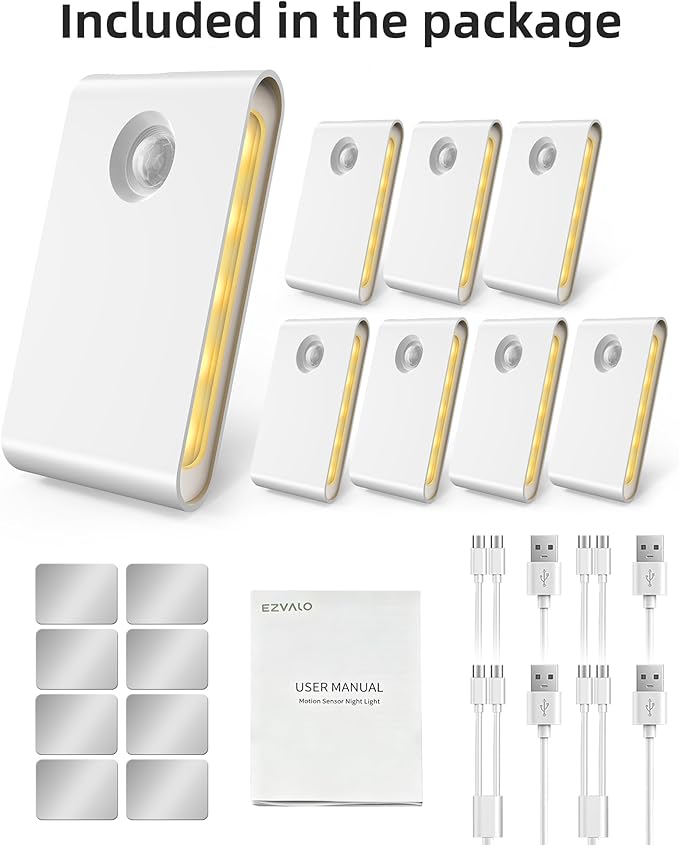 EZVALO Motion Sensor Stair Lights Indoor, Rechargeable Night Lights with Magnetic & Dimmable, Auto On/Off 3000K Soft White, Stick-On for Stairs, Hallway, Bathroom (8 Pack)