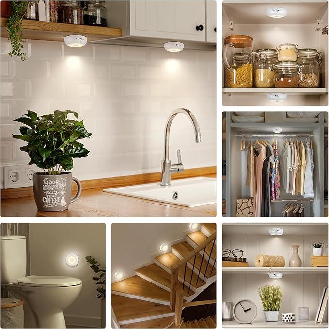 Reoshine Under Cabinet Lighting, LED Puck Lights AA Battery Operated, Closet Lights Motion Sensored for Kitchen, Shelf, Dimmable & Magnetic, 3000K Warm White (6 Pack)