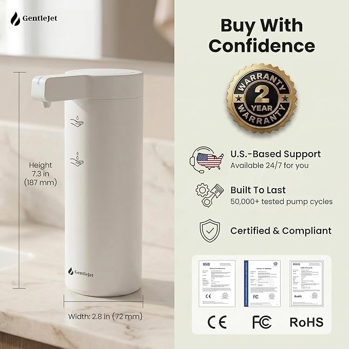 GentleJet SmoothDrop Automatic Liquid Soap Dispenser Touchless, No-Drip Precision Pump, USB-C Rechargeable, 304 Stainless Steel, Waterproof Countertop Dispenser for Kitchen & Bathroom Sink, 270 ml