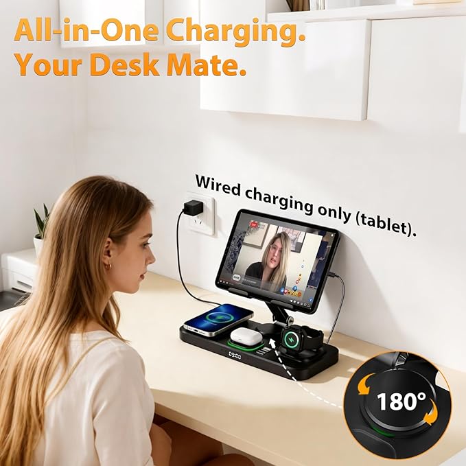 30W Charging Station for Apple Products, Foldable Wireless Charger with Clock Display&7 Color Light, Wired Charging for iPad/Tablet Charging Station for iPhone17, for Apple Watch11 for AirPods4(Black