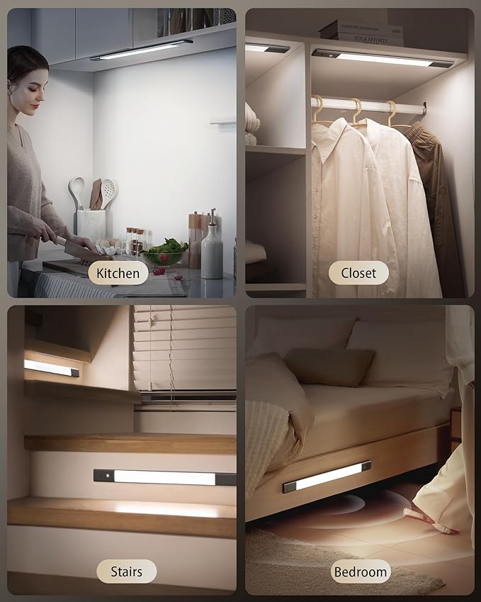 EZVALO Under Cabinet Lights with 3 Extra Batteries, 2200mAh Rechargeable Motion Sensor Light Indoor, 3 Color Temps, Dimmable Closet Lights for Pantry, Wardrobe