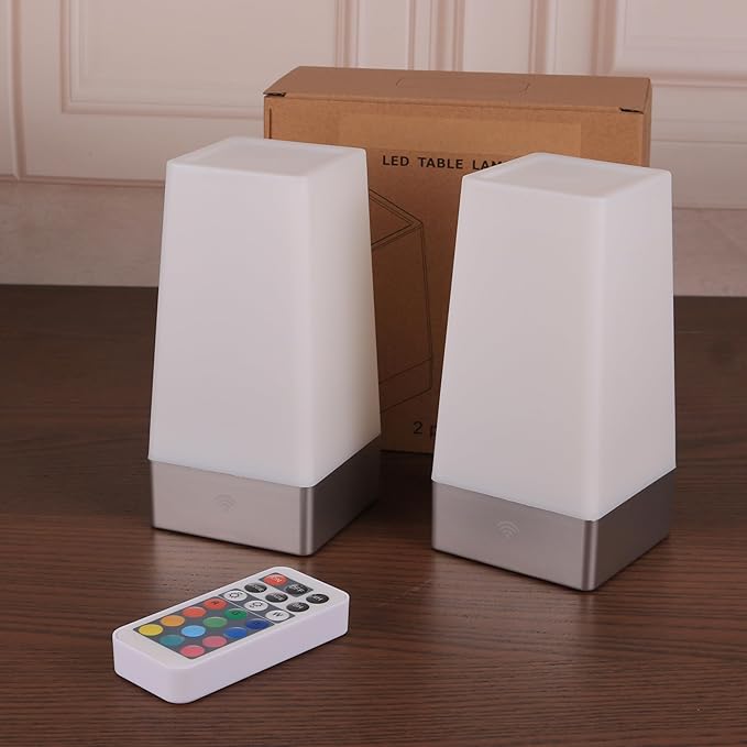 WRalwaysLX LED 2Square Night Light with Remote Control,Color Changing Table Lamp Battery Operated Lamp, Bedroom,Kitchen USE 3xAA Battery (not Include)