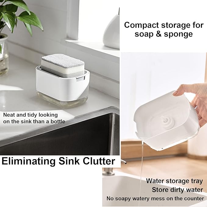 10oz Dish Soap Dispenser for Kitchen Sink with Sponge Holder Push Down Pump Caddy Tray Container Set Dishwashing Liquid Detergent Organizer on Countertop Travel Trailer - White