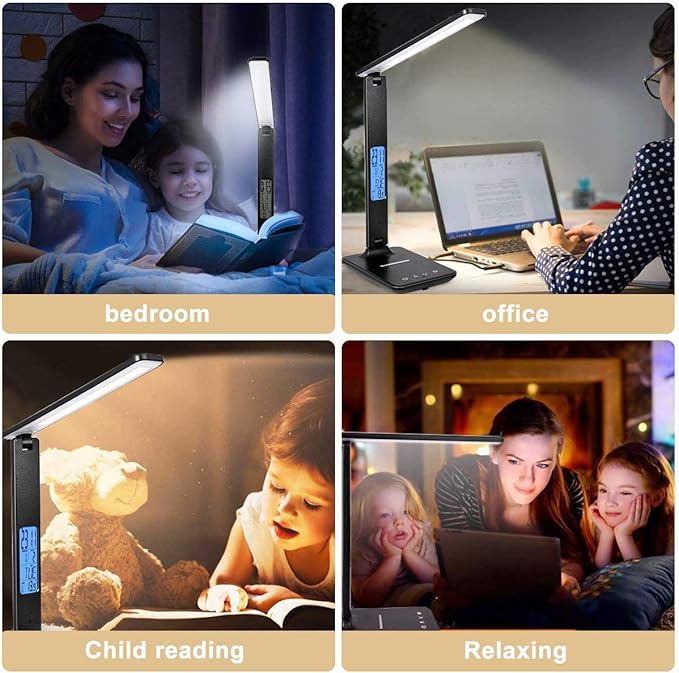 LED Desk Lamp with Wireless Charger, Suitable for Home, Office Dimmable, with USB Charging Port, Built-in Clock, Calendar, Thermometer and Automatic Timing Reading Desk Lamp.