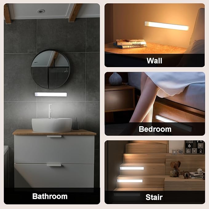 6 Pack Motion Sensor Under Cabinet Light, Magnetic Rechargeable 2 Color Under Counter Light, 8 Inch LED Closet Light for Stair Bedroom Cupboard
