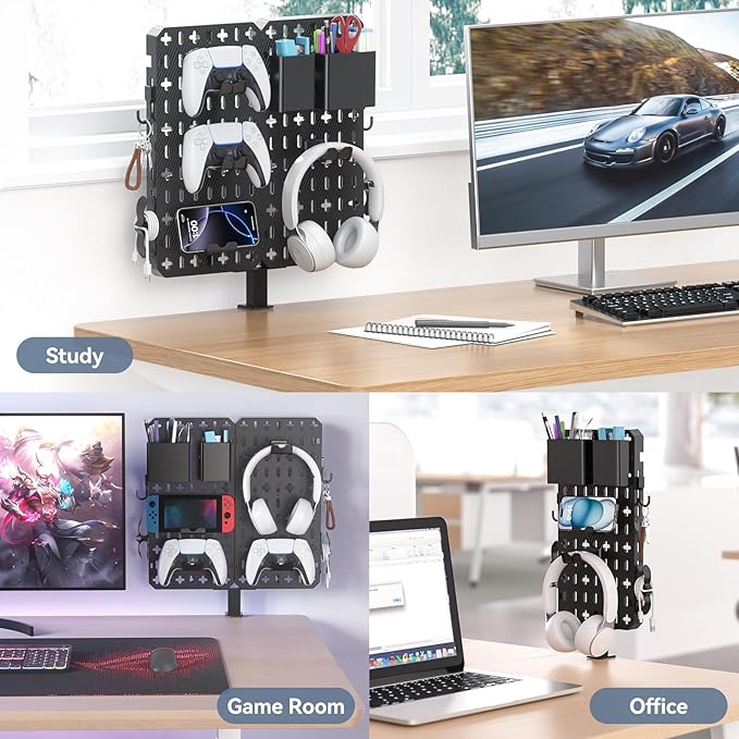 KDD 7 in 1 Clamp-on Desk Pegboard - No Drill Desk Side Storage with Phone Stand/Pen Holder/Storage Box/Headset & Controller Holder/Hooks, Detachable Gaming Pegboard for Office & Home Desktop Organizer