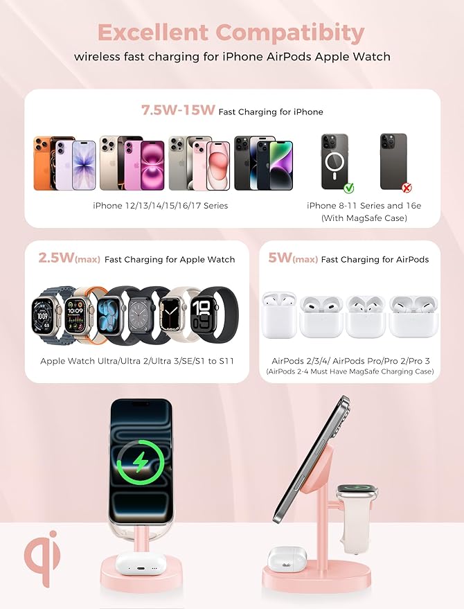 Hevanto 2026 3 in 1 Wireless Charging Station for Apple MagSafe Charger, 15W Fast Mag-Safe Charger Stand for iPhone 17 16 15 14 13 12 Apple Watch AirPods Compatible with MagSafe, Pink