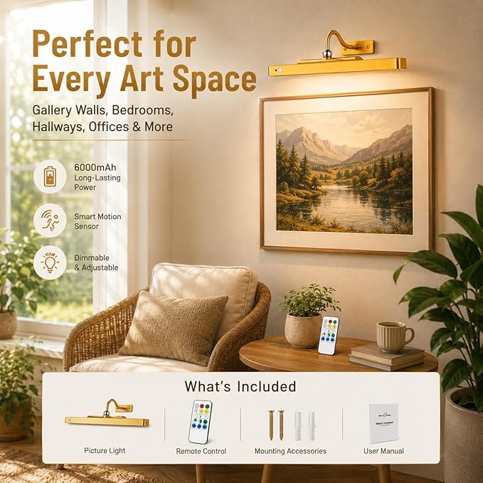 TANBABY 6000mAh Rechargeable LED Picture Lights with Motion Sensor, 3 Color Temps & 5 Levels Brightness Art Light, Cordless Remote Control Magnetic Wall Light for Hallway, Living Room(Gold-2Pack)