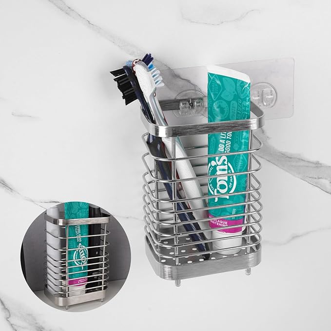 Wall Mount Toothbrush Holder for Bathroom, Stainless Steel Rustproof Toothbrush and Toothpaste Holder Organizer, Electric Toothbrush Holder Self Adhesive Wallmount/Countertop Organizer(Silver)