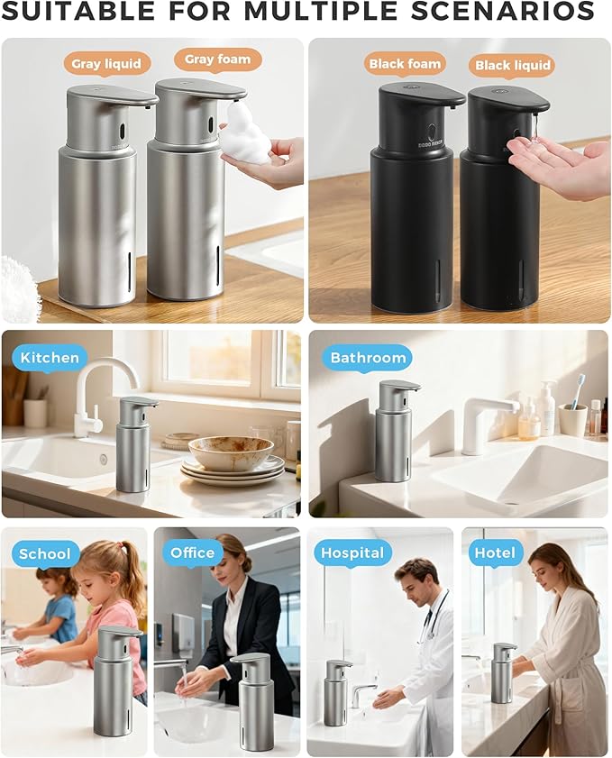 Automatic Liquid Soap Dispenser Touchless, 304 Stainless Steel Bottle Body &16.2oz/480ml Rechargeable, 3 Adjustable Liquid Levels, IPX7 Waterproof, for Kitchen Bathroom, Stainless Steel