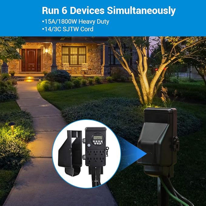 DEWENWILS Outdoor Digital Power Strip Timer, Multi Sockets, Waterproof 6 Outlets Garden Power Stake, 6ft Cord, Digital Timer for Lights, Yard, Garden, 15A Heavy Duty