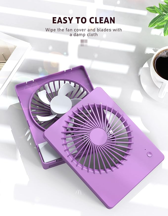 Zuvas Desk Fan Battery Operated Fan Rechargeable 180°Tilt Folding Personal Fan Ultra Quiet Small Portable 3 Speed Adjustable Strong Wind Fan For Office Bedroom Home Desktop Camping (Purple)