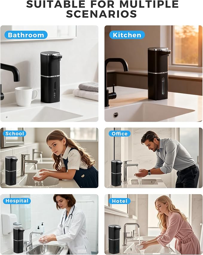 2 Pack Automatic Foaming Soap Dispenser, 13.5oz/400mL, USB Rechargeable,9- Adjustable Foam Levels, IPX5 Waterproof, Touchless & Wall/Tabletop Use for Kitchen Bathroom, Black