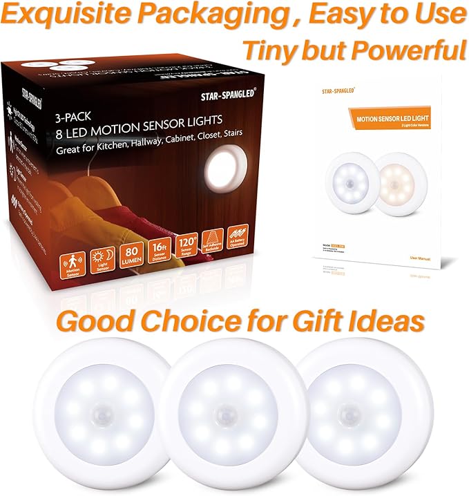 STAR-SPANGLED 3 Pack 3.1” Motion Sensor Lights Indoor AA Battery Operated, Stick on LED Puck Light for Closet, Stairs, Under Cabinet, Kitchen, Cool White