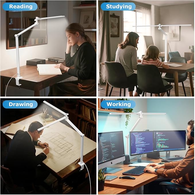 Airlonv LED Desk Lamp, Double Swing Arm Wide Lighting Area Desk Lamps for Home Office with Stepless Dimming, Eye-Caring Architect Desk Light with Clamp for Reading, Study, Workbench, Drafting(White)