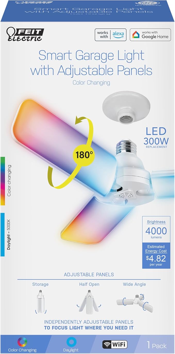 Feit Electric Smart LED Garage Light, 4000 Lumens RGBW Color Changing Deformable Panels, 2.4GHz WiFi App Control, Works with Alexa & Google, E26 Screw-in Ceiling Light for Garage ADJ4000/RGBW/LED/AG