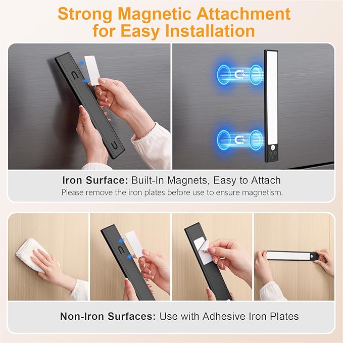 Gritin 10.2inch Under Cabinet Lighting Rechargeable 2 Pack- 3 Color Temps&5 Level Brightness, Super Bright, 4 Modes, Motion Sensor, Long Lasting - Easy Installation Magnetic Under Closet Lights-Black