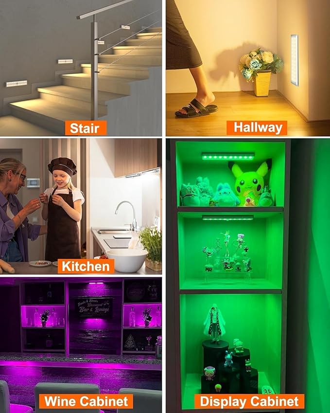 Diomart Under Cabinet Lighting, RGB Rechargeable Motion Sensor Light Indoor Night Lights, 58-LED Remote Control Under Counter Lights for Kitchen, Wardrobe, Hallway, Stairs, Desk (4 Pack)
