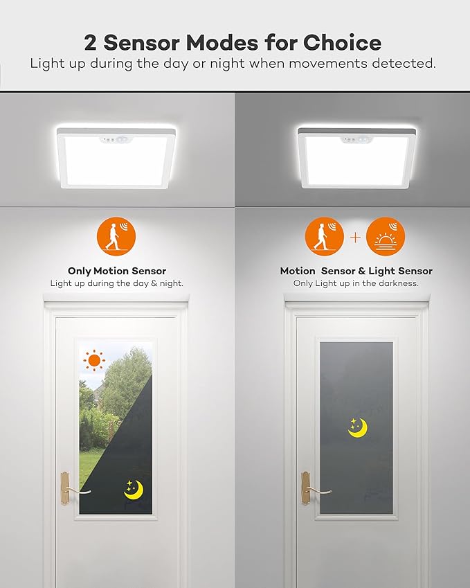 Annaror 12in Motion Sensor Ceiling Light Wired, 3000K 4000K 5000K Selectable, 24W Flush Mount Square Motion Ceiling Light with 3 Timer for Closet Porch Stairs Hallway, White
