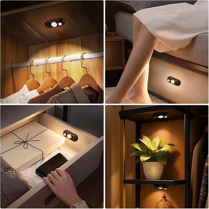 LED Motion Sensor Light Indoor, Magnetic Under Cabinet Lighting Warm White, Black Dimmable Rechargeable Puck Lights for Closet, Kitchen, Stairs(6 Pack)