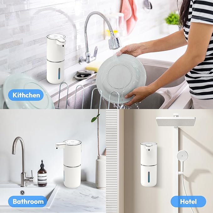 2 Pack Automatic Foaming Soap Dispenser,Touchless Foam Soap Dispenser,12.8oz Rechargeable Wall Mounted Smart for Bathroom and Kitchen Dish Soap,Easy for Toddlers(White)