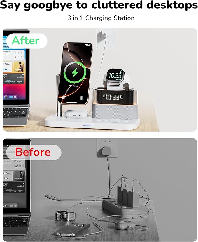 5 in 1 Wireless Charging Station for Apple,Magnetic Charger with Alarm Clock Night Light for Multiple Devices,Nightstand Charging Station Compatible with iPhone 17/16/15/14/13/12,Apple Watch,Air-Pods
