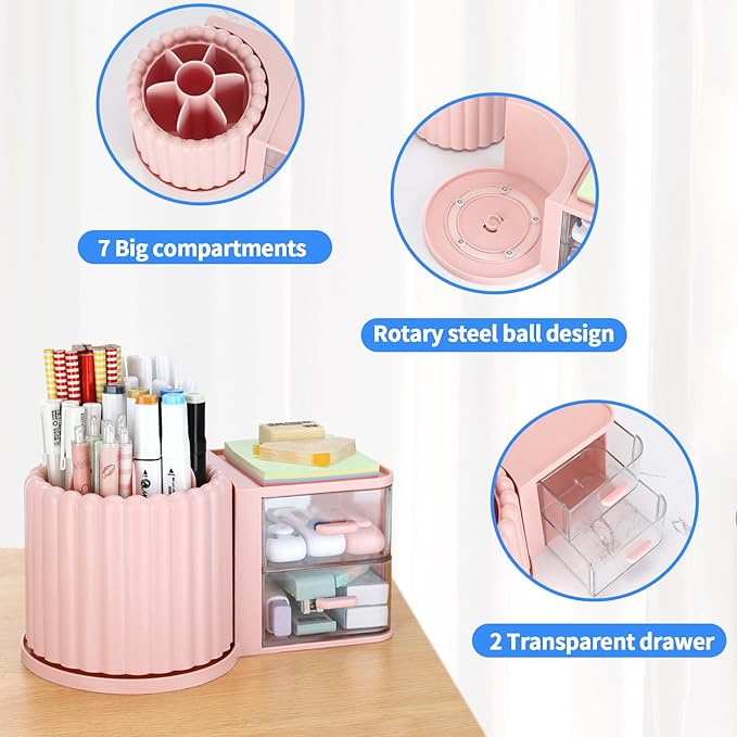 LETURE Rotating Office Desk Organizers and Accessories with 2 Drawer, Pencil Pen Marker Holder for Desk, Desktop Storage Organizers and Accessories for Office Home Art Supplies (Pink)