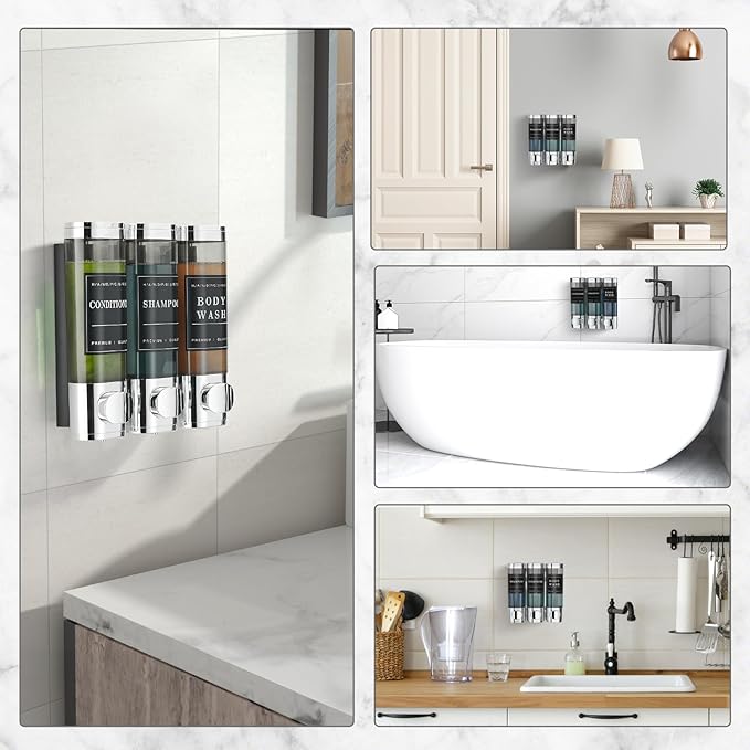 Shampoo and Conditioner Dispenser,Shower Soap Dispenser 3 Chamber No Drill Wall-Mounted Shampoo Dispenser for Shower Wall Mounted Shower Dispenser for Bathroom Hotel Large Capacity,Chrome