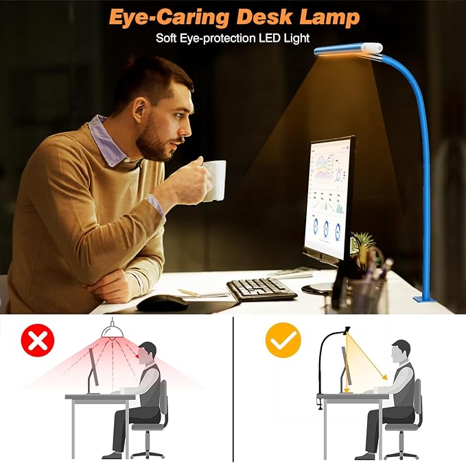 Airlonv LED Desk Lamp for Office Home, Eye-Caring Desk Light with Stepless Dimming Adjustable Flexible Gooseneck, 10W USB Adapter Desk Lamp with Clamp for Reading, Study, Workbench (Blue)