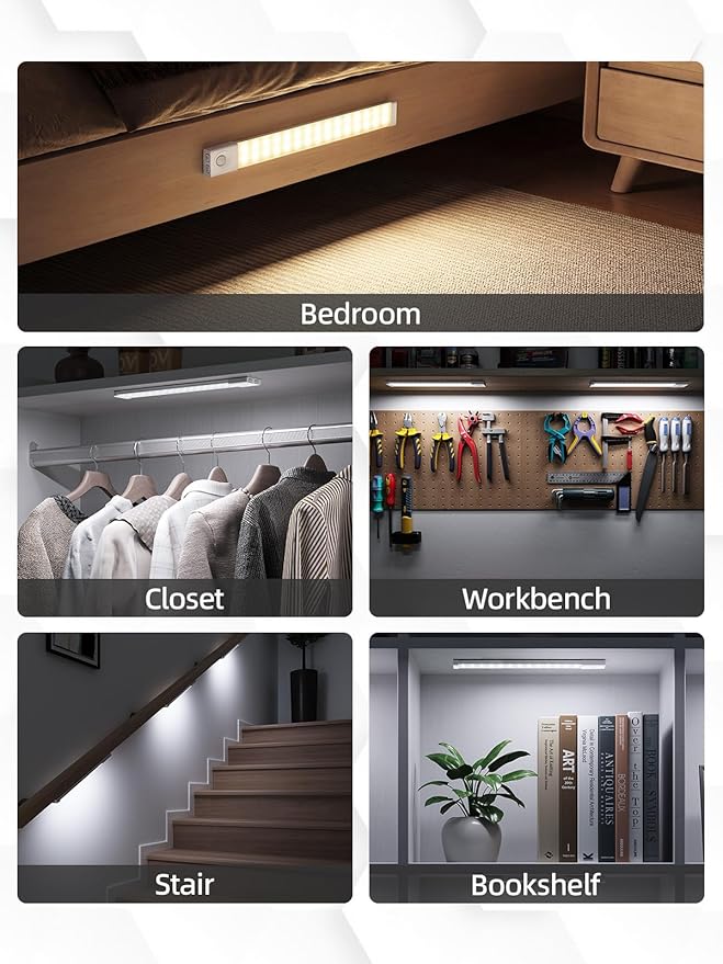 EZVALO Under Cabinet Lighting with Charging Station, 11.8'' Motion Sensor Light Indoor, 1500mAh Rechargeable LED Light, 3 Color Temperatures, Dimmable Counter Lights for Kitchen, Closet, Stair (3Pack)