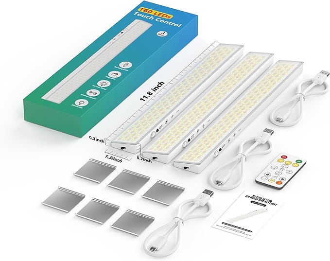 12inch 3Pack Touch Control Under Cabinet Lighting, 160LED Super Bright, 4000mAh Long-Lasting, Magnetic Rechargeable Motion Sensor Under Counter Lights for Kitchen, Closet, Remote, Dimmable, 3CC丨White