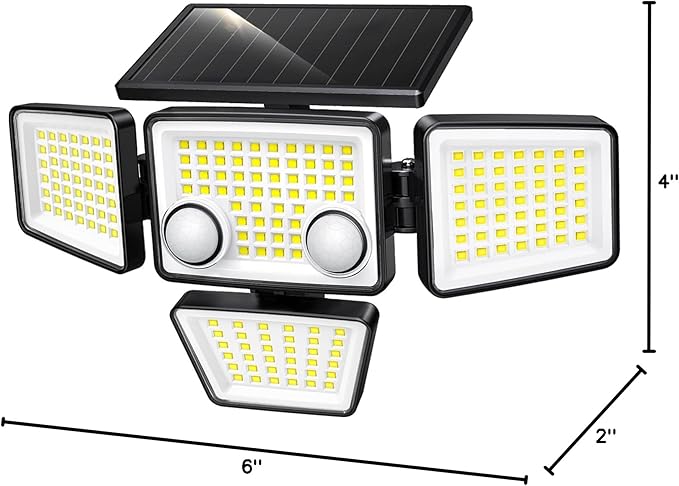 LYWALT Solar Outdoor Lights - 3000LM 188 LED Motion Sensor Outdoor Lights, 4 Heads IP65 Waterproof Powered Security Flood Lights, 270°Wide Lighting Angle Wall Light with Sensors for Backyard Yard