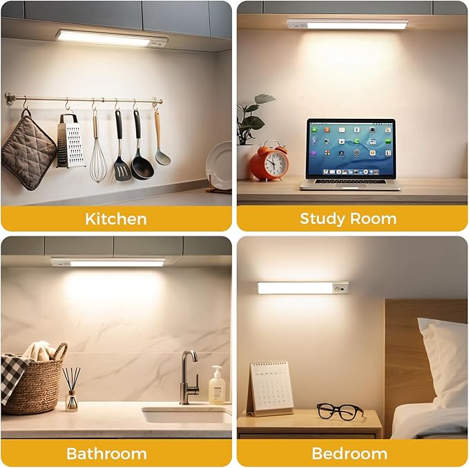 11.8 inch Under Cabinet Lighting with Hand Wave, 78 LED Motion Sensor Light, Rechargeable Closet Lights with 3 Color Temps, Dimming Magnetic Strip Night Lights for Kitchen, Wardrobe, Stairs (2 Pack)