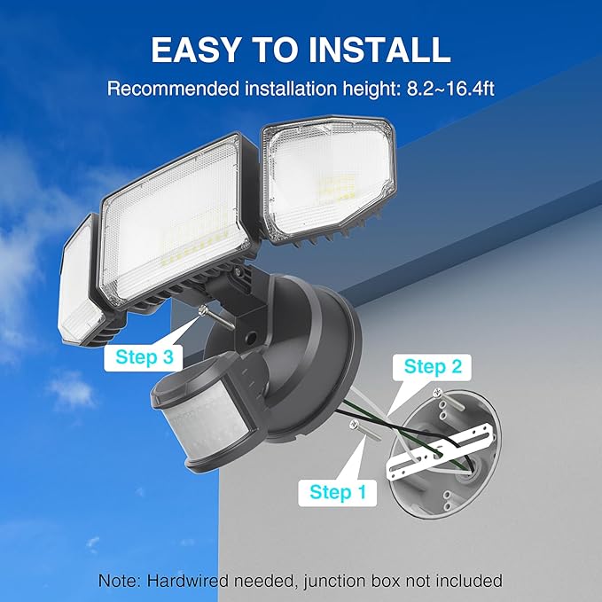 Abovizo 85W Motion Sensor Outdoor Light, 8500LM Ultra-Bright LED Security Light with 3 Adjustable Heads, IP65 Waterproof Dusk to Dawn Flood Light for Garage, Yard, and Driveway, 6500K Daylight, Black