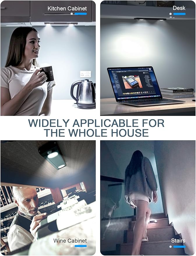Under Cabinet Lights, Wireless Motion Sensor Light Indoor, Black 10in LED White Lighting Rechargeable Battery Operated,4 Modes Night Light, Stick-On Magnetic Closet Lights for Kitchen, Hallway(2 Pack)