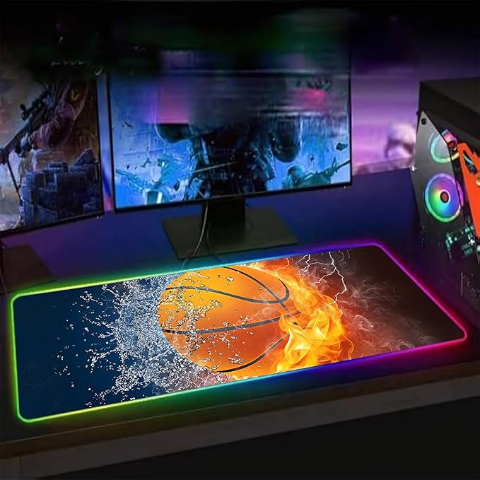 XL RGB Gaming Mouse Pad with 14 Light Modes - Light Up Gamer Mouse Pad,31.5 x 11.8in Non-Slip Basketball Style Led Large Gamer Mousepad, Black Long Glowing Gaming Accessories for Desk, Waterproof