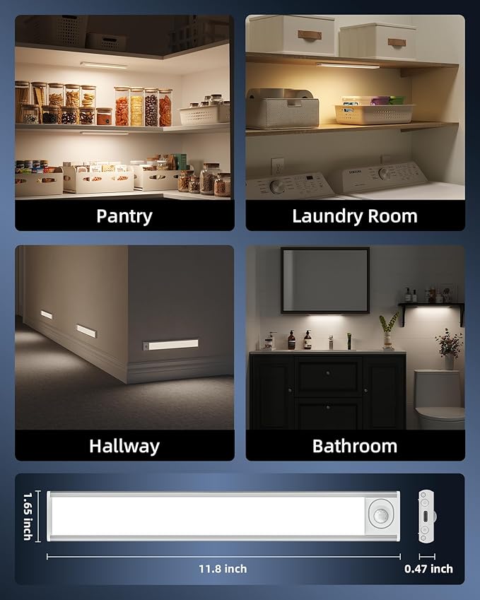 Under Cabinet Lighting, 12inch Rechargeable Motion Sensor Light Indoor, 2400mAh Battery Operated Closet Lights, with Dimmable & 3 Color Temps, Wireless Under Counter Lights for Kitchen,Stairs(6Pack) 