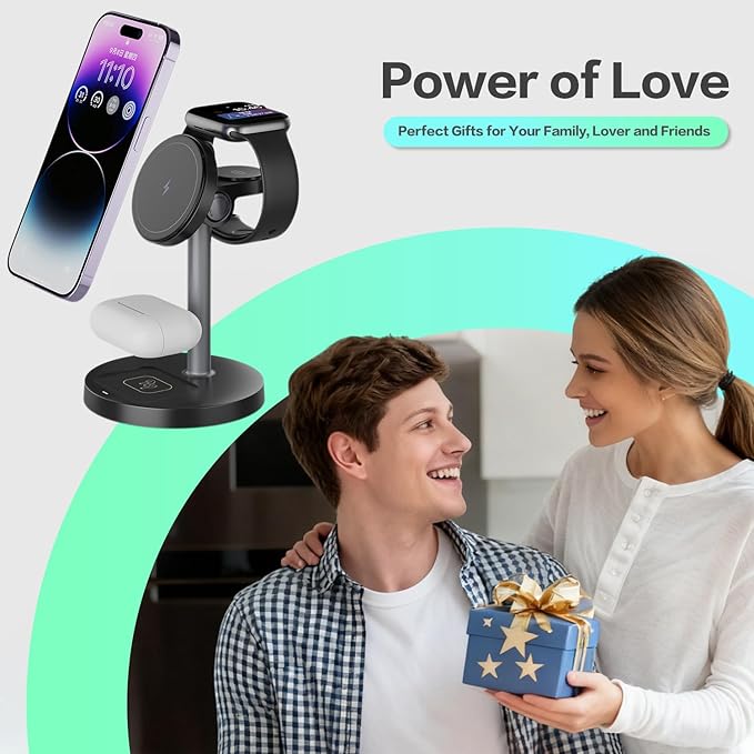 3 in 1 Wireless Charging Station Compatible with MagSafe, 15W Fast Charging Magnetic Mag-Safe Charger Stand for Apple iPhone 17 16 15 14 13 12Series Apple Watch AirPods Pro 4 3 2, Gifts for Men Dad