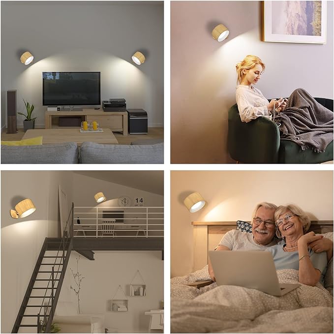 Deyagoo LED Wall Sconce, Wall Mounted Lamp with Rechargeable Battery Operated USB Port 3 Color Temperature & 3 Brightness Level 360°Rotate Magnetic Ball, Cordless Light for Reading Bedside-Wood