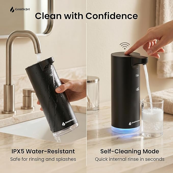GentleJet EasyFoam Automatic Foaming Soap Dispenser, Touchless USB-C Rechargeable Sensor Pump, 304 Stainless Steel, Adjustable Foam, IPX5 Water-Resistant for Bathroom & Kitchen, 10 fl oz / 300 mL