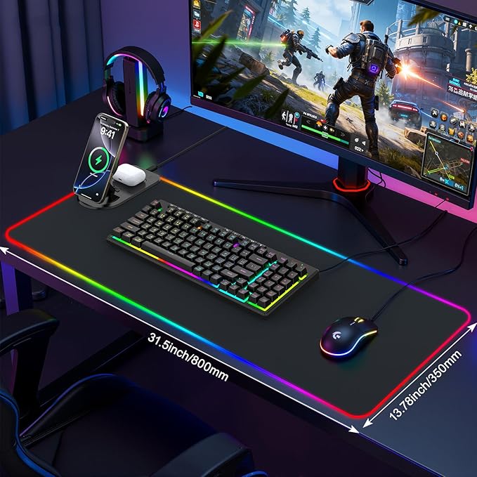 RGB Gaming Mouse Pad Wireless Charging Desk Mat with Foldable Phone Stand, Large LED Gaming Mat 800x350x4mm, 15 Light Modes, Waterproof, Keyboard Pad for PC Computer, Includes 20W PD Power Adapter