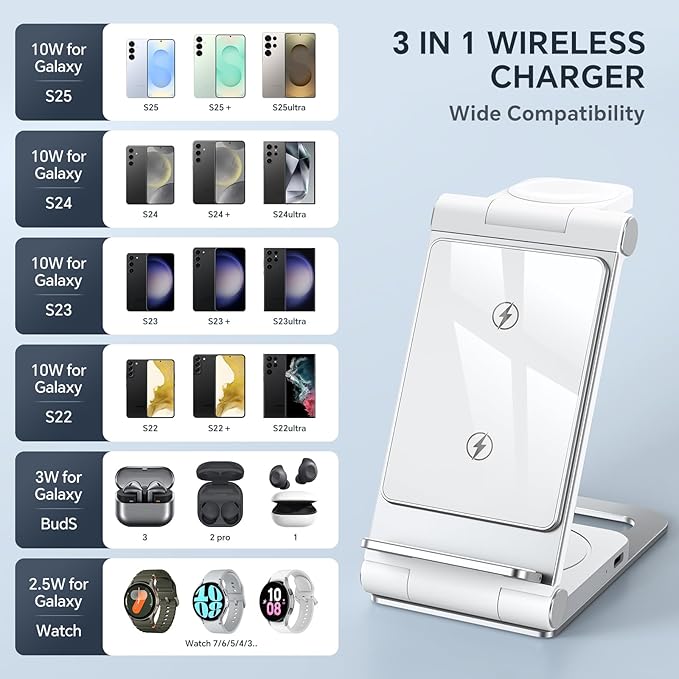 Wireless Charger for Samsung 3 in 1 Wireless Charging Station Foldable Wireless Charger Stand for Samsung S26 S25 Ultra S24 S23 S22 S21 / Z Flip/Z Fold Series for Galaxy Watch 8/7/6/5/4/ Galaxy Buds