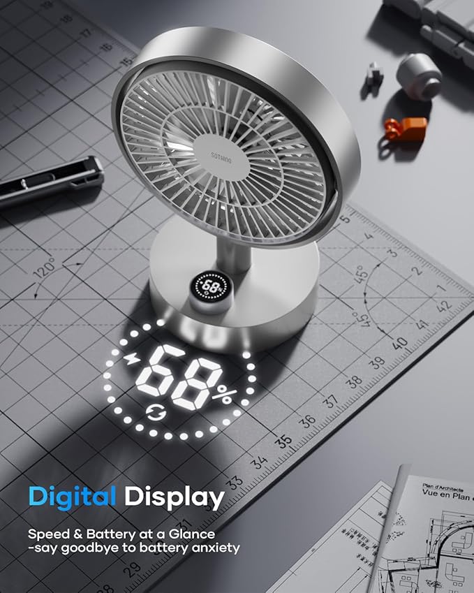 SOTHING Desk Fan, 18dB Ultra-Quiet, 6.6-inch Small Fan with 10-Speed, 160° Oscillating, (4000mAh) 12hrs Battery Life, USB-C Rechargeable, Digital Display, Small Desk Fan for Office - Silver